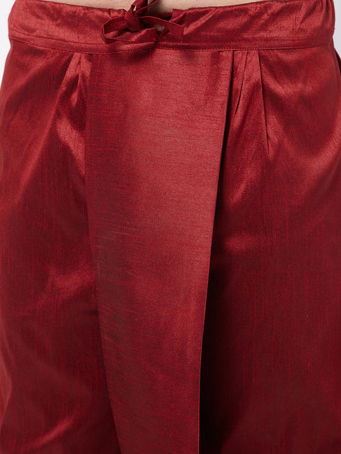 Vastramay Men's Black Silk Blend Kurta And Dhoti With Maroon Woven Nehru Jacket